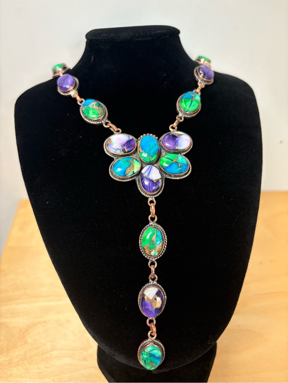 Handcrafted Green & Purple turquoise Dahlia Naja Necklace